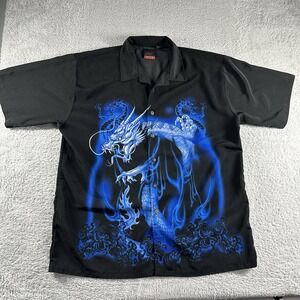 VINTAGE Y2K Dragon‎ Shirt Mens XXL 2X Black Button Up Short Sleeve Poly